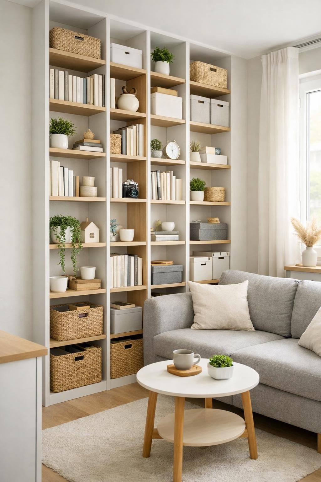 Small apartment interior with vertical shelving units filled with organized items to maximize wall storage space.