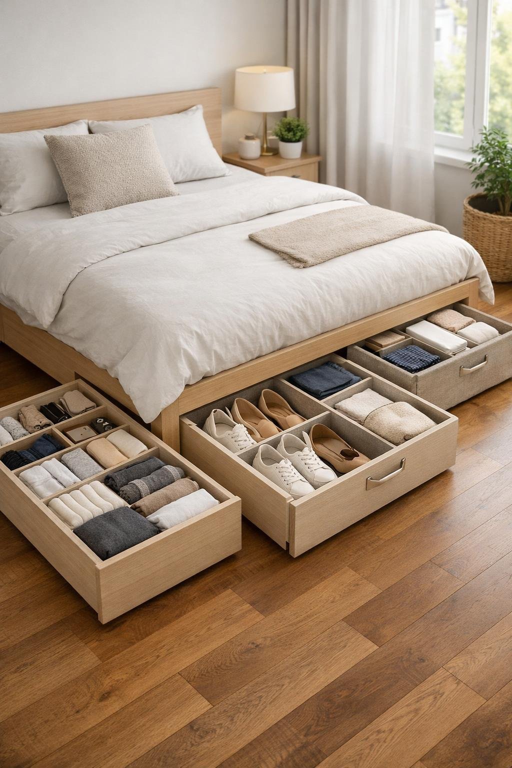 A small apartment bedroom with under-bed storage drawers pulled out, showing organized items inside.