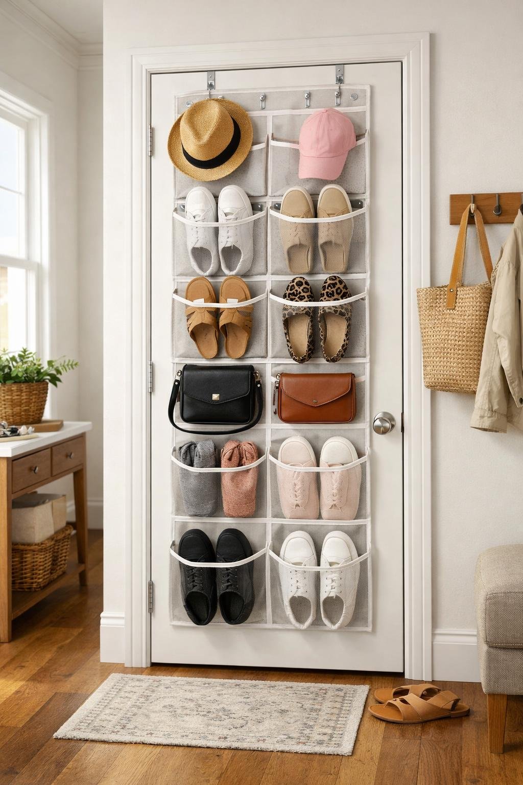 Small apartment entryway with an over-the-door hanging organizer holding shoes and accessories.