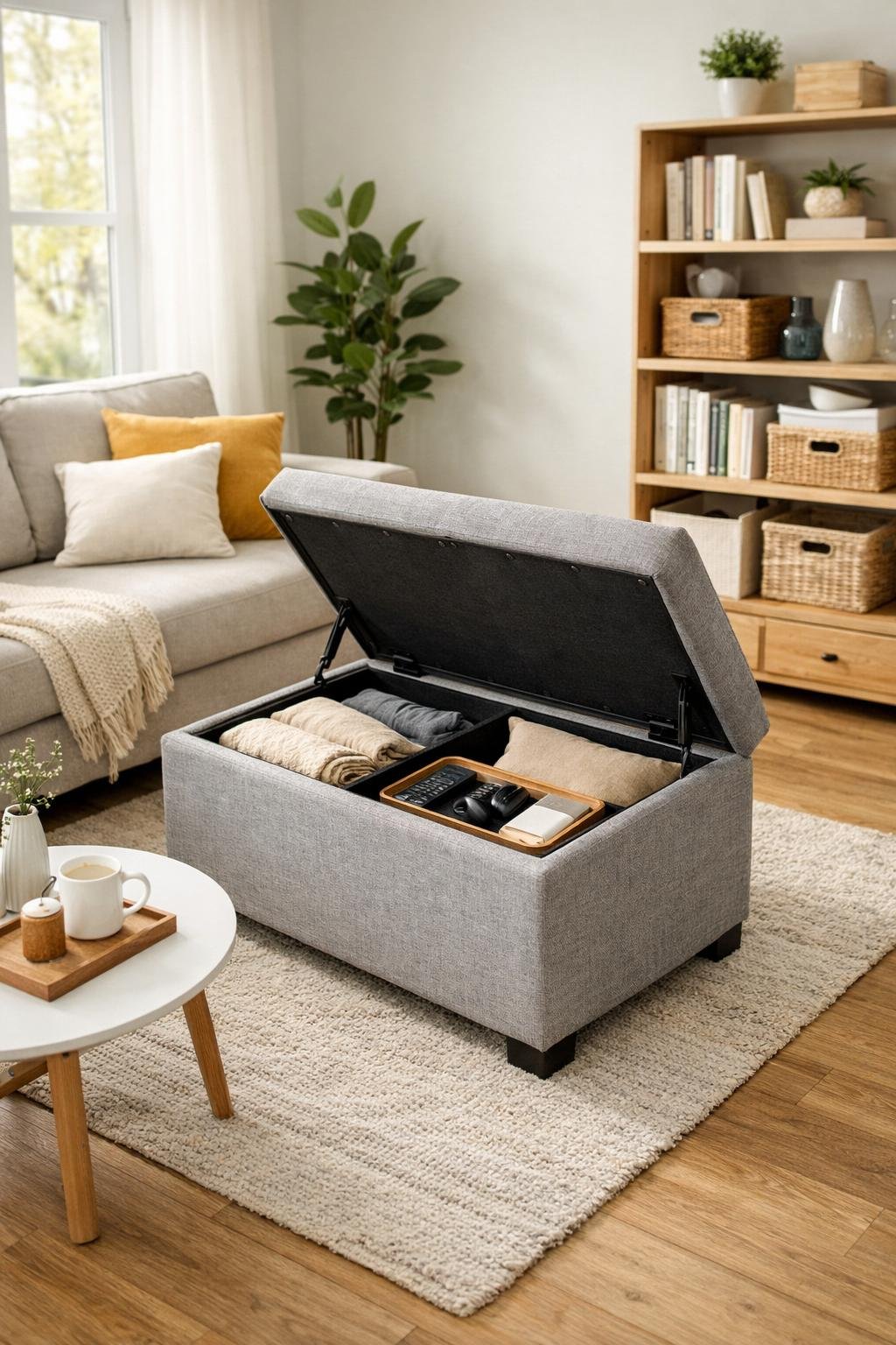 A small apartment living room with a storage ottoman open to show organized storage inside, a sofa, coffee table, plants, and shelves with books.