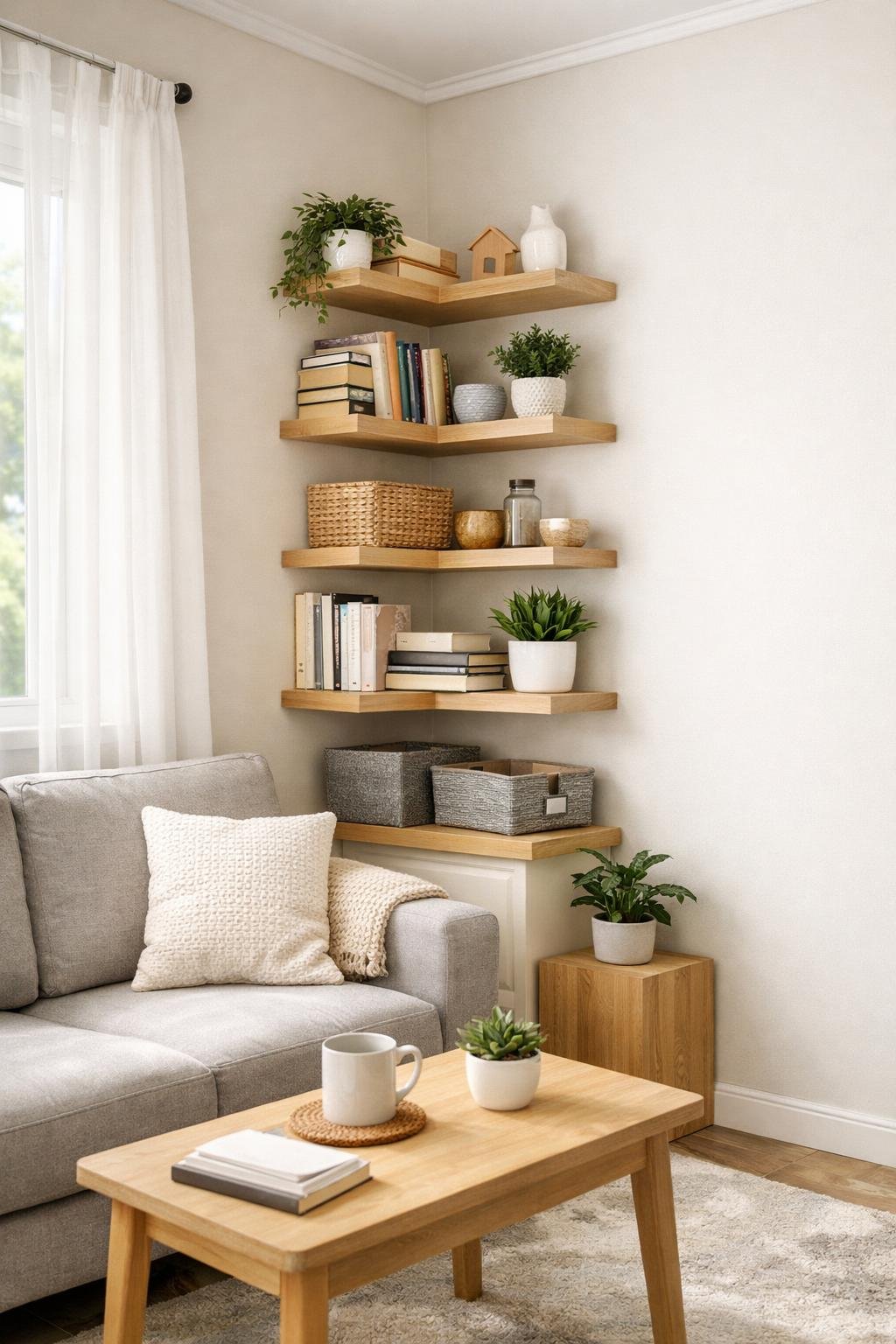 A small apartment living area with corner shelves holding books, plants, and baskets, making good use of the corner space.