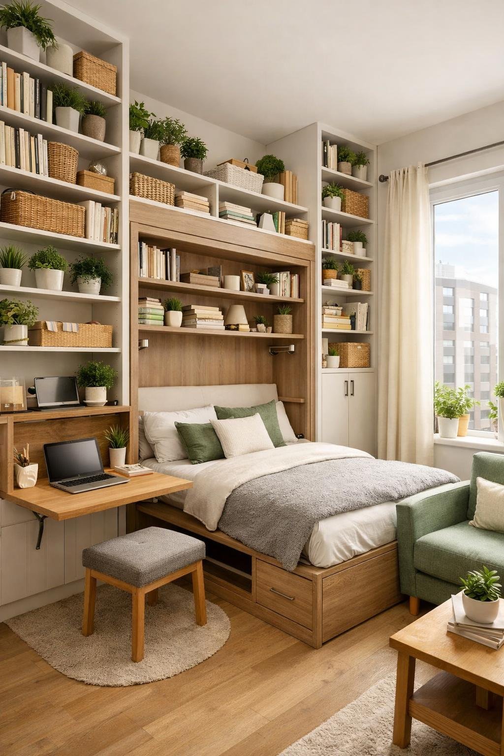 Small apartment interior with tall shelves and organized storage using vertical space.
