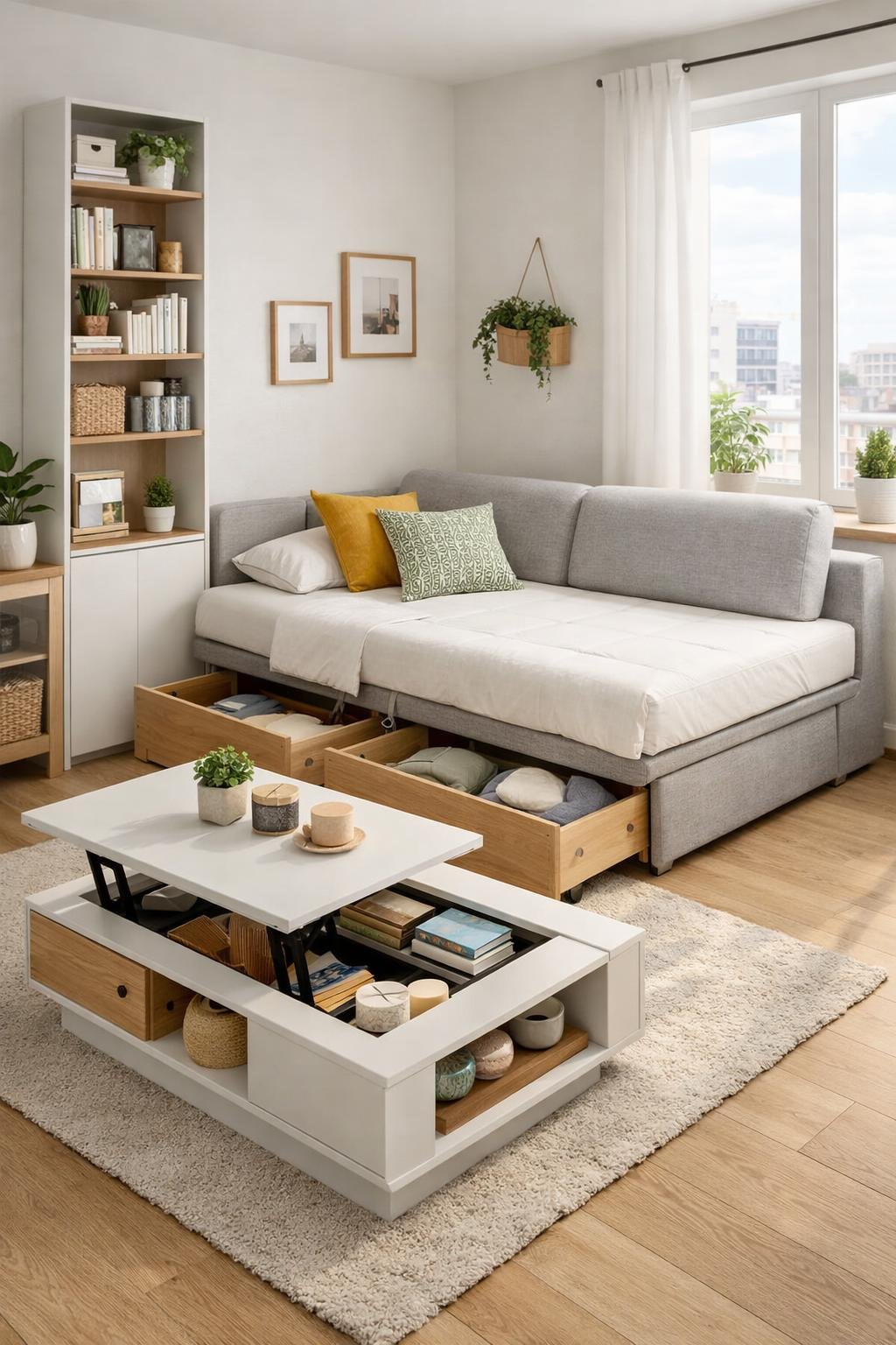 Small apartment living area with multifunctional furniture including a sofa bed with storage drawers, a coffee table with compartments, and a tall shelving unit organizing household items.