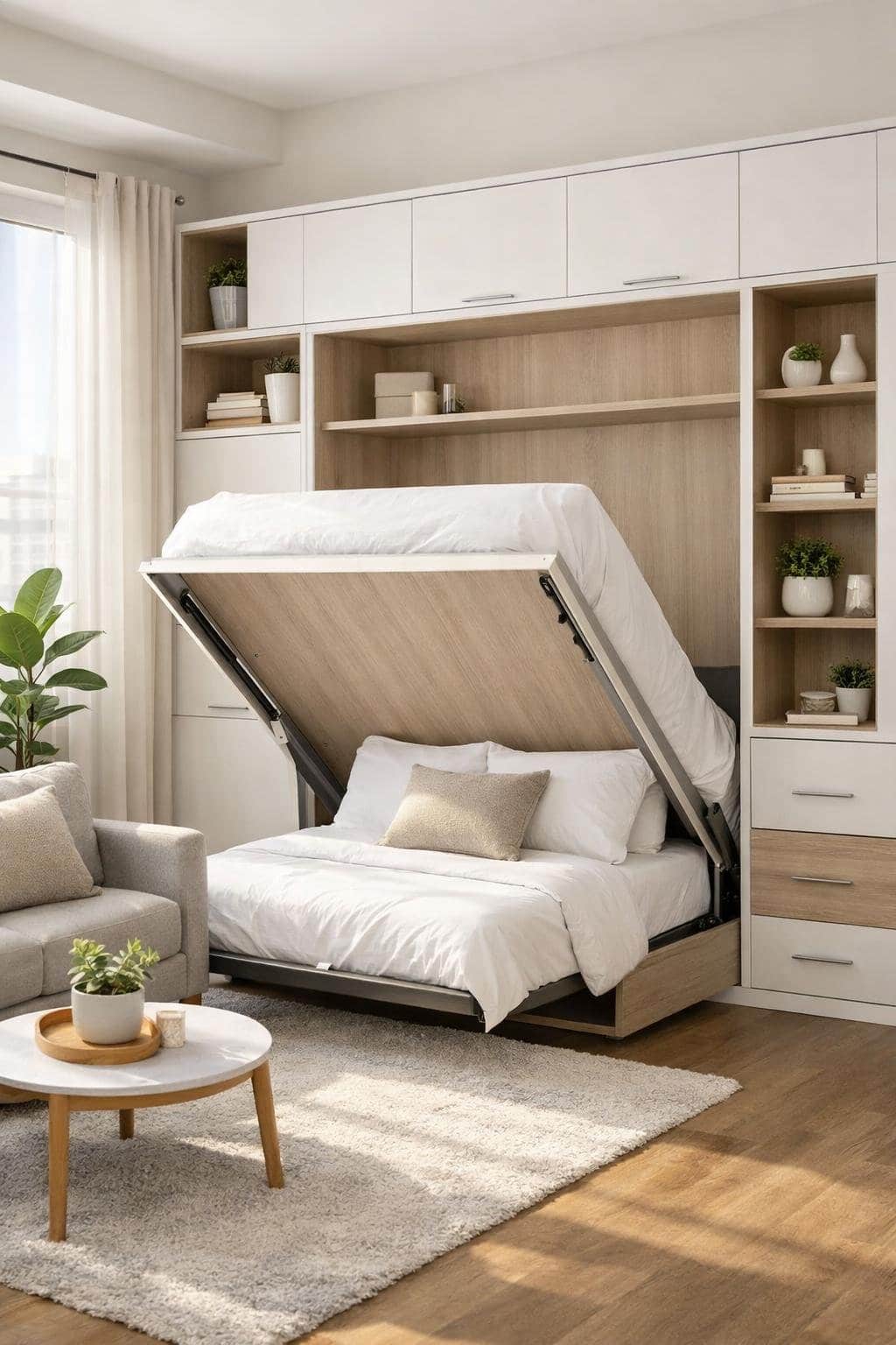 A small apartment with a Murphy bed partially folded down, surrounded by shelves, a sofa, coffee table, and plants near a window.