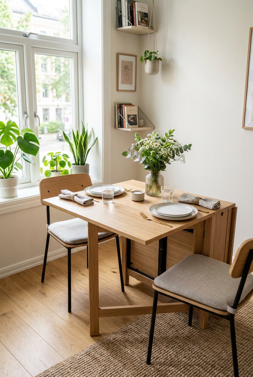 Foldable Dining Table Ideas for Small Spaces: 5 Smart, Space-Saving Solutions 1 A small dining area with a foldable wooden dining table partially unfolded and two chairs, with natural light coming through large windows and plants on the windowsill.