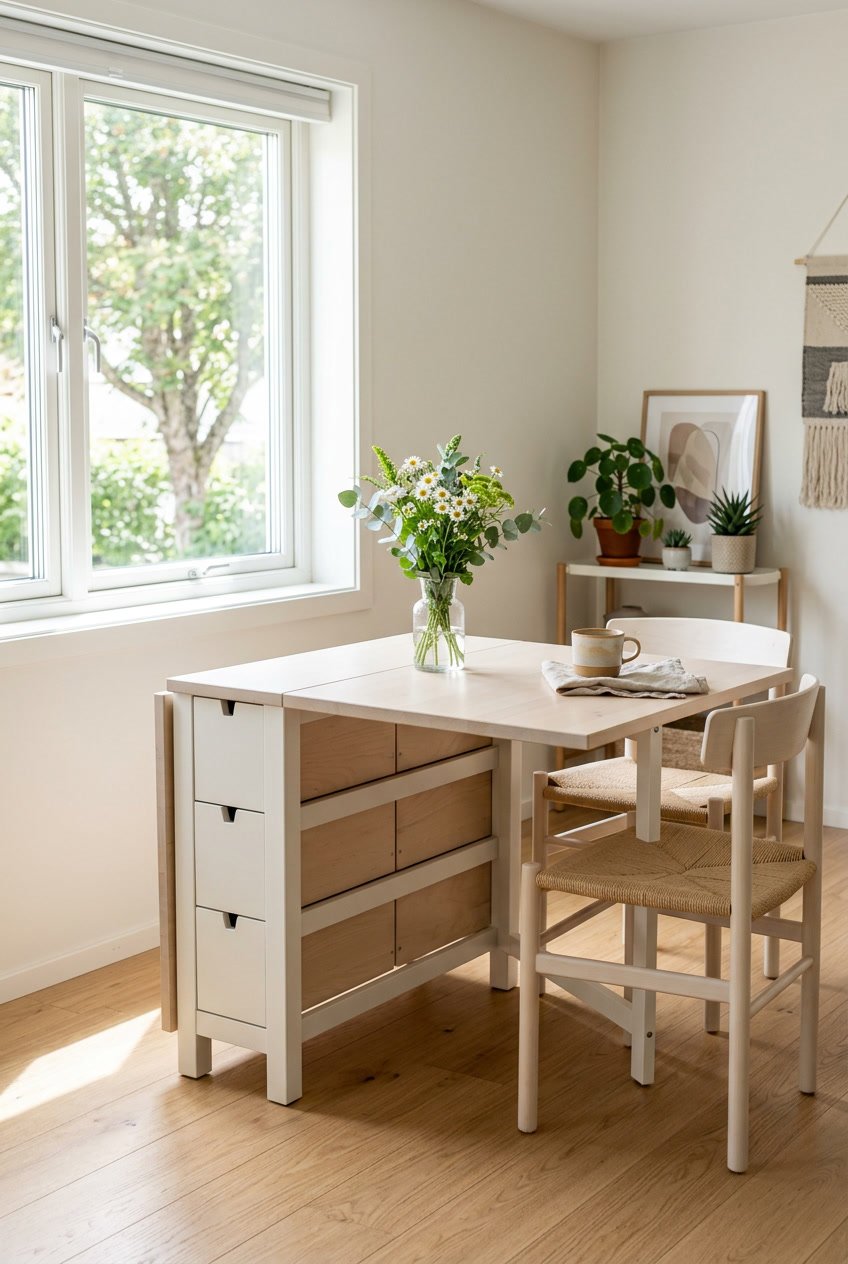 A small dining area with a partially folded wooden gateleg table and chairs near a window.