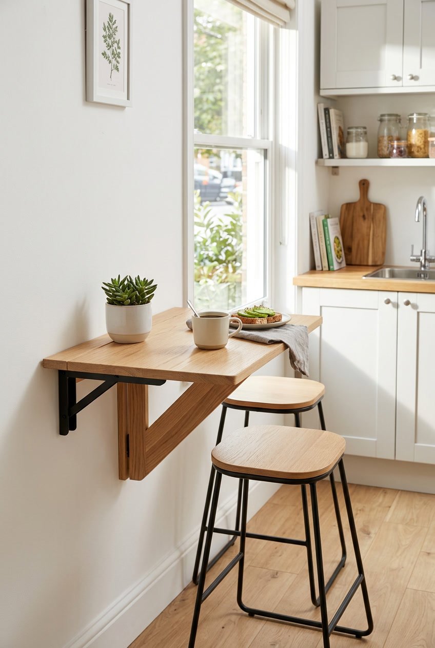 A small wall-mounted drop-leaf table folded down as a breakfast bar with two stools in a bright kitchen.