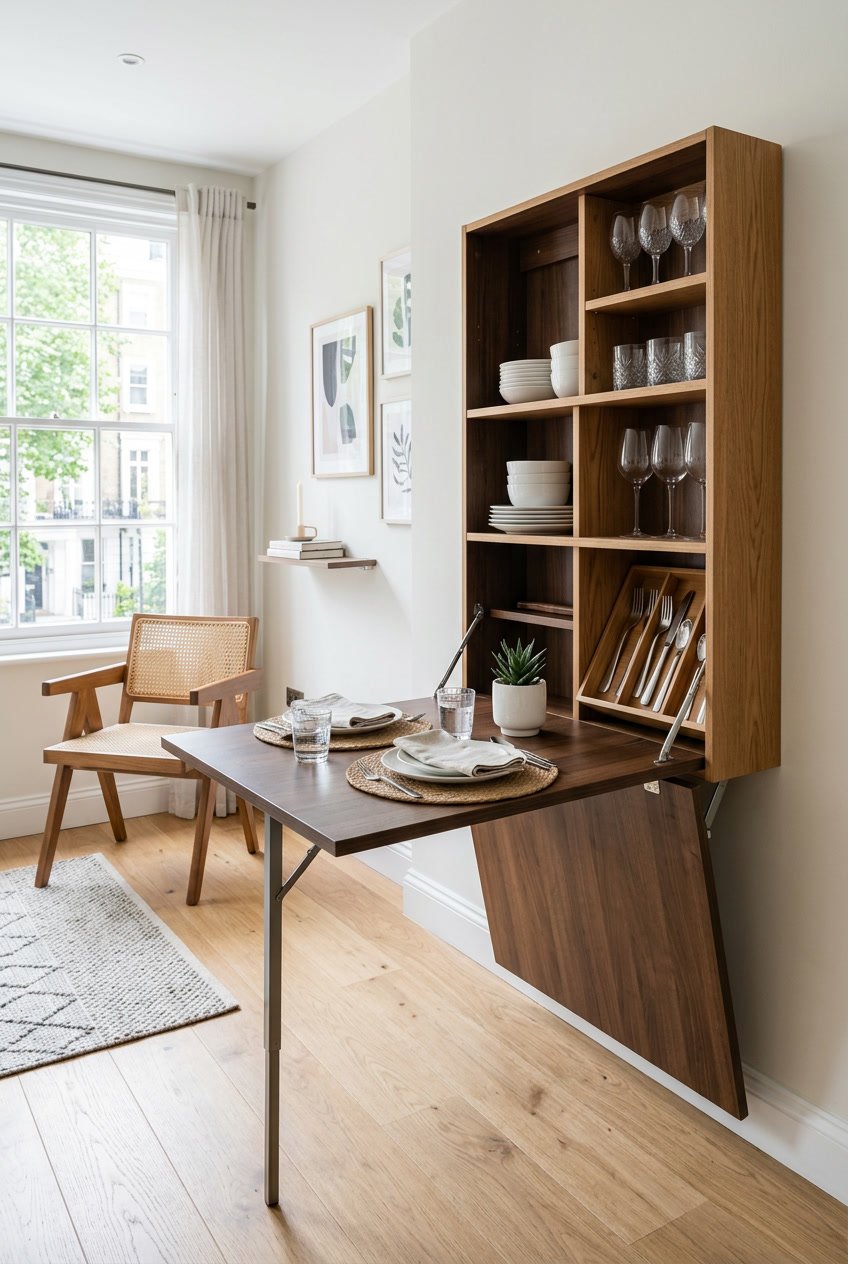 A small dining area with a folding dining table partially extended, showing built-in storage compartments with dining items inside.