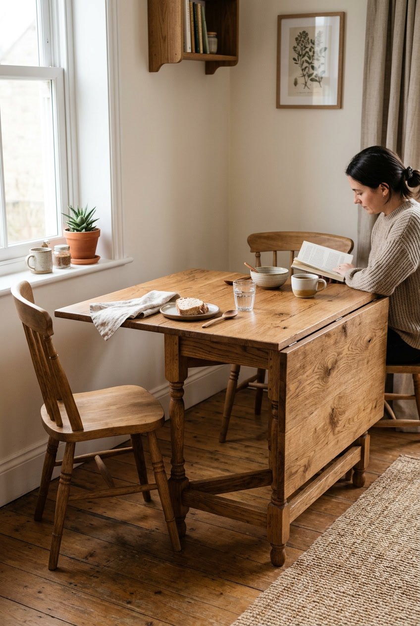 A solid wood drop-leaf dining table partially folded in a small dining area with wooden chairs and natural light.