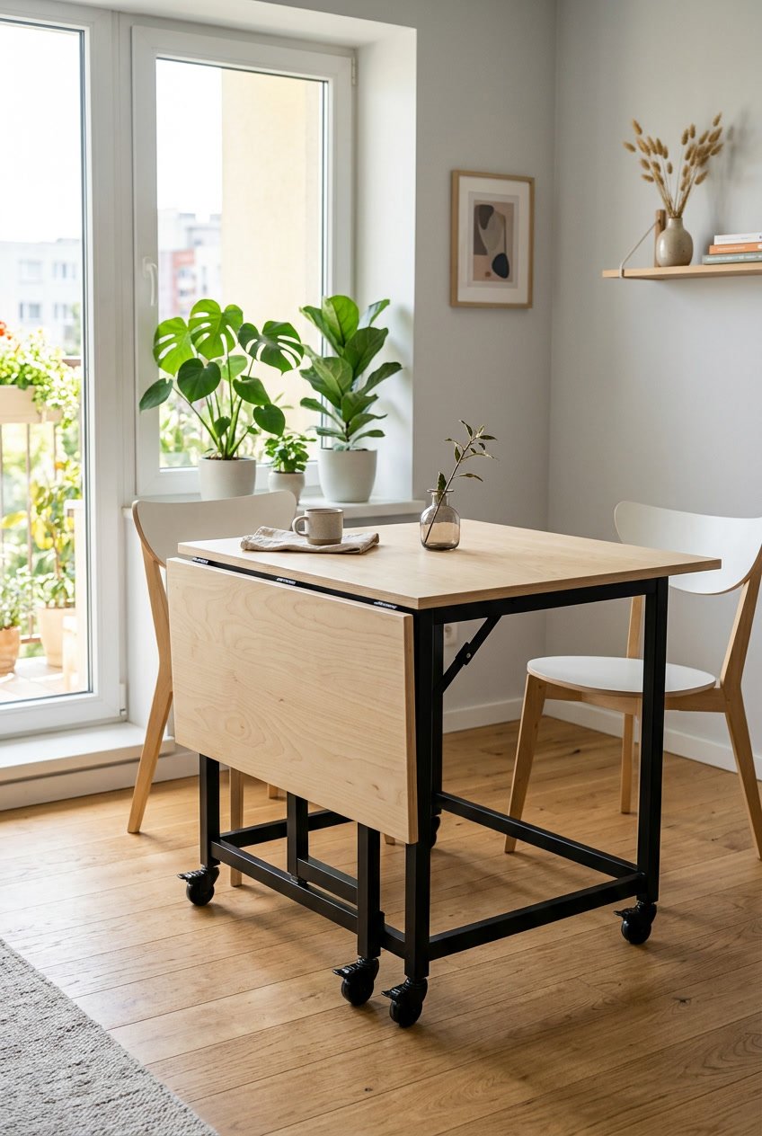An extendable flip-top bistro table on casters in a small dining area with chairs and natural light.