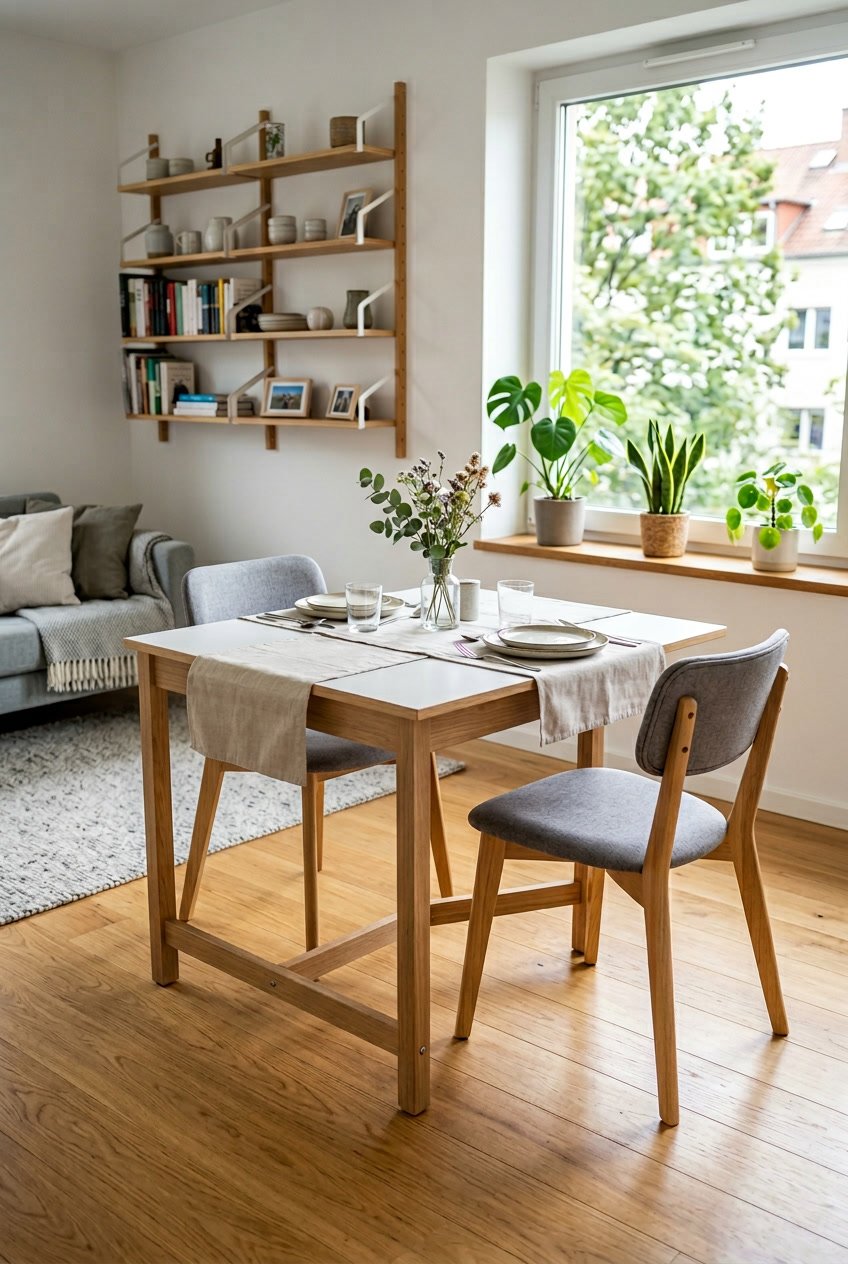 A small living space with a partially unfolded foldable dining table surrounded by chairs and natural light from a window.