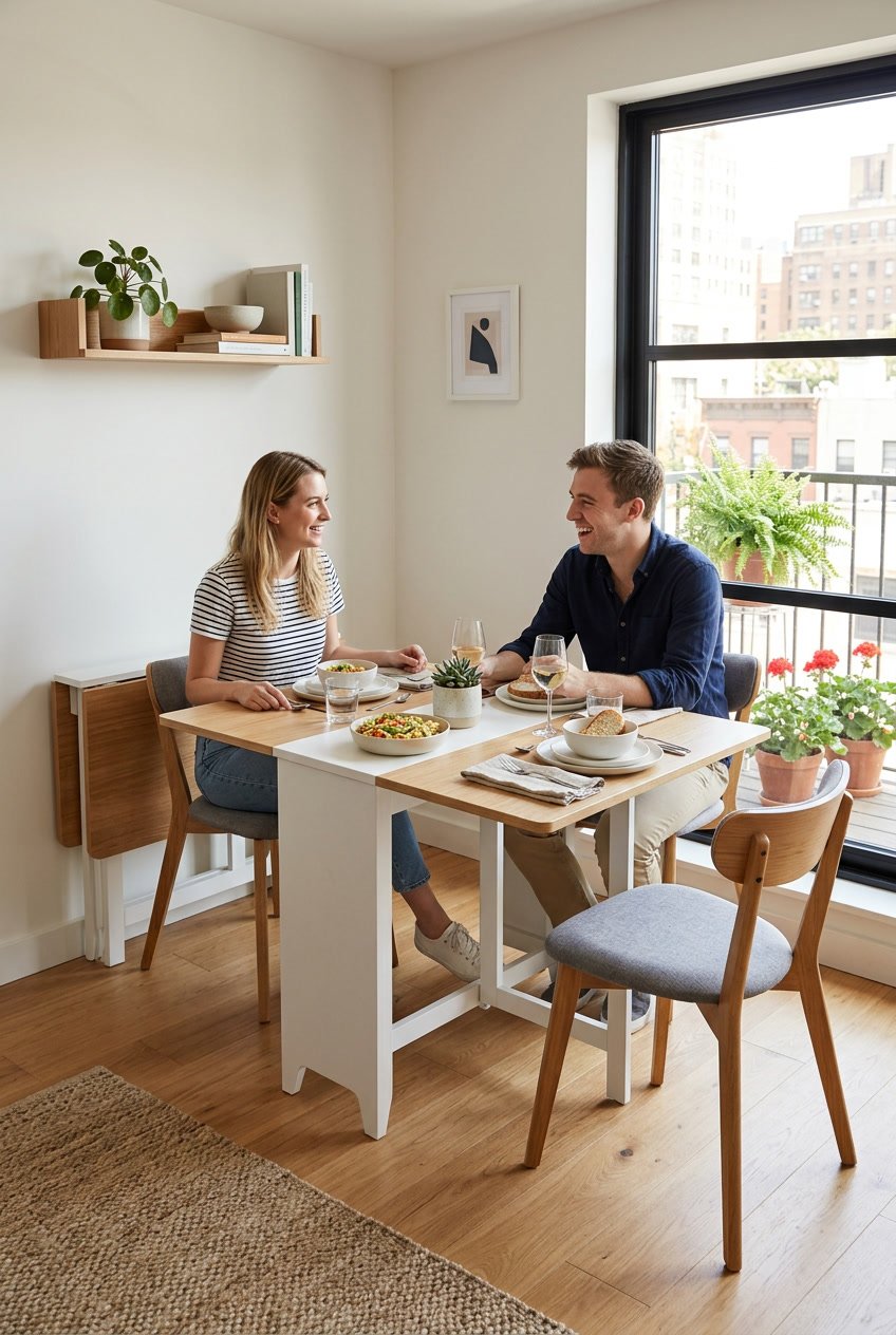 A small dining area with a foldable table partially extended and chairs arranged around it in a bright, compact apartment.
