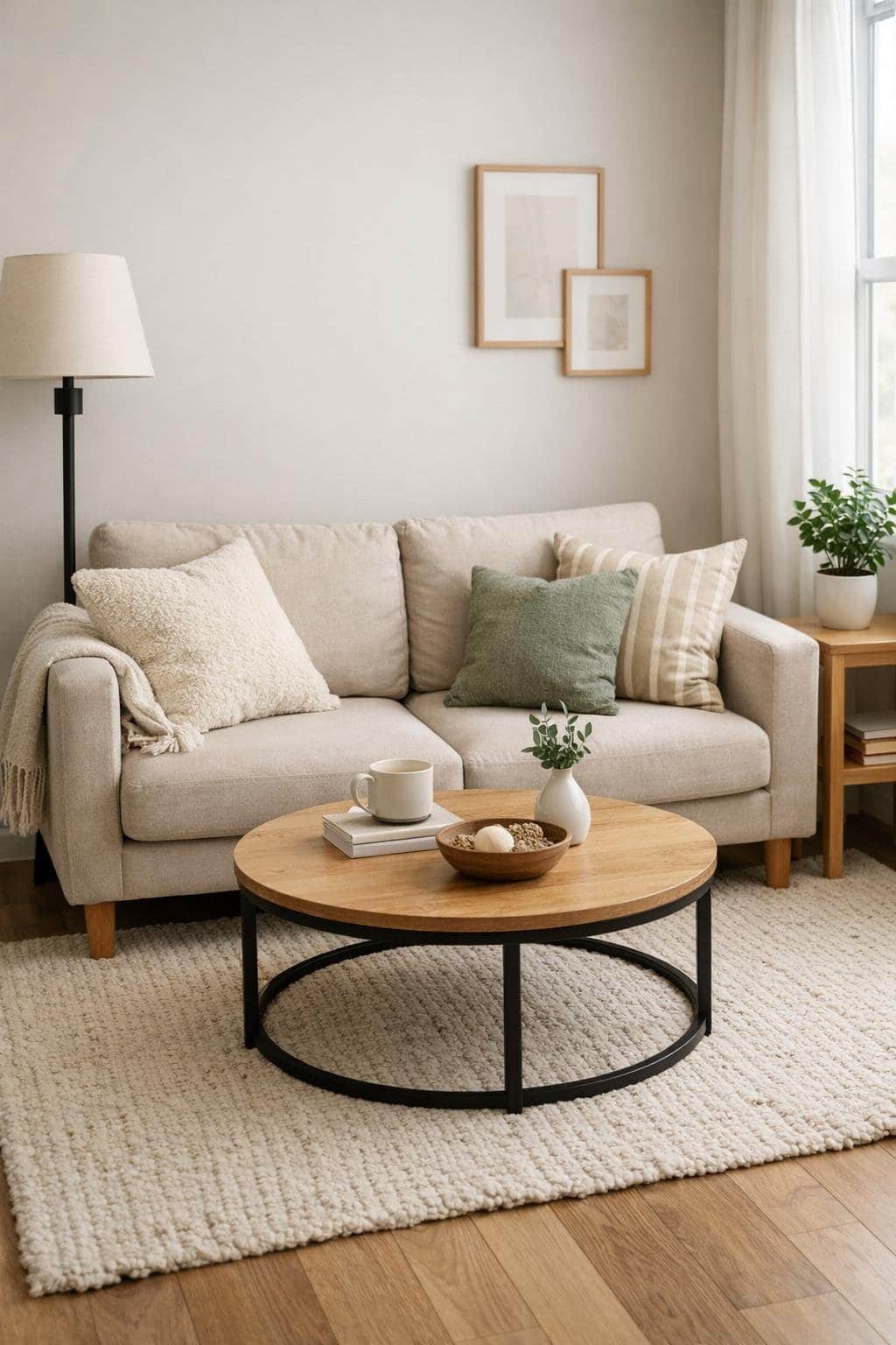 A small living room with a sofa, coffee table, floor lamp, and a plant near a window.