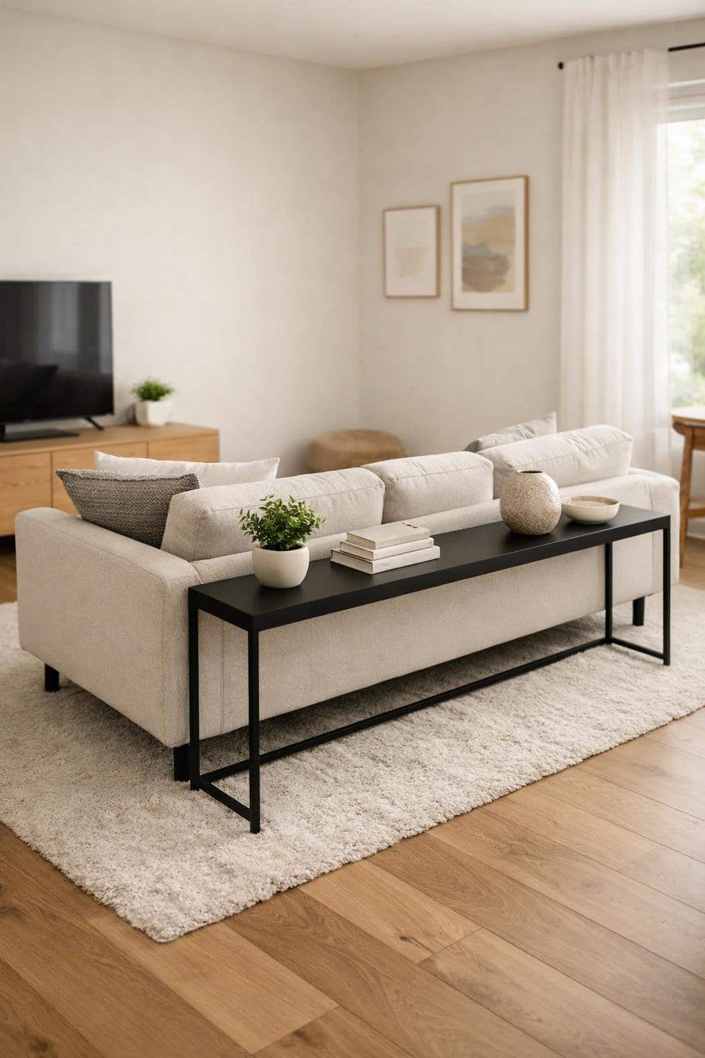 Small living room with a floating sofa and a narrow console table behind it.