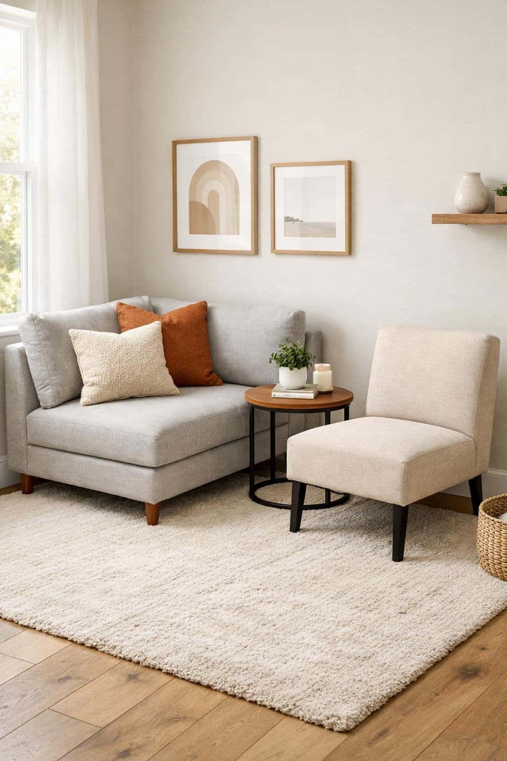 Small living room with a loveseat arranged perpendicular to a wall forming an L-shape and an armless accent chair beside it.
