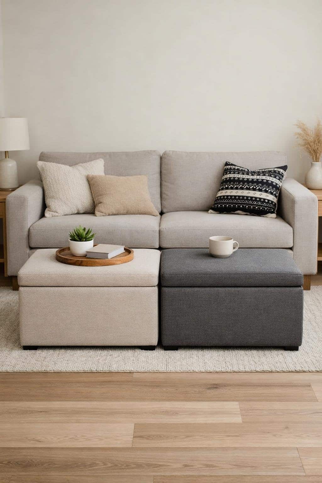 Small living room with a sofa against the wall and two slim storage ottomans used as a coffee table.