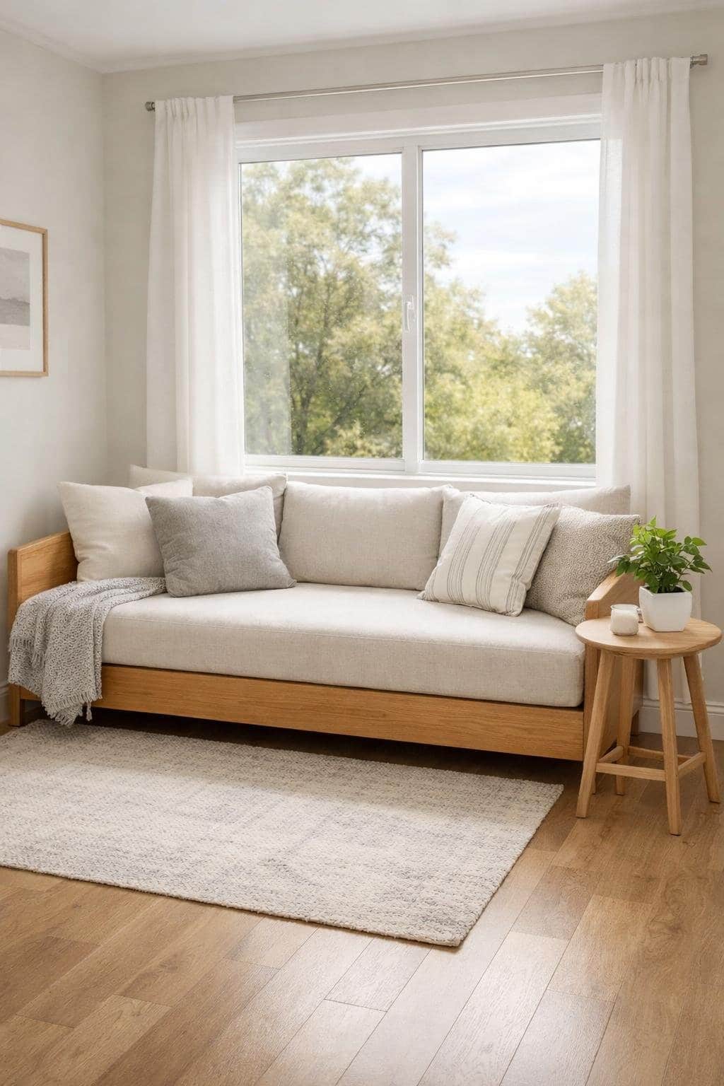 Small living room with a daybed sofa placed under a window, bright and uncluttered.