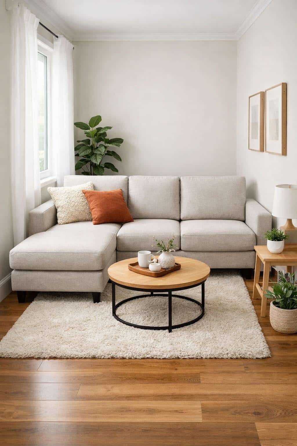 A narrow living room with a sectional sofa featuring a shorter chaise placed in the corner, surrounded by a coffee table, rug, and plants.