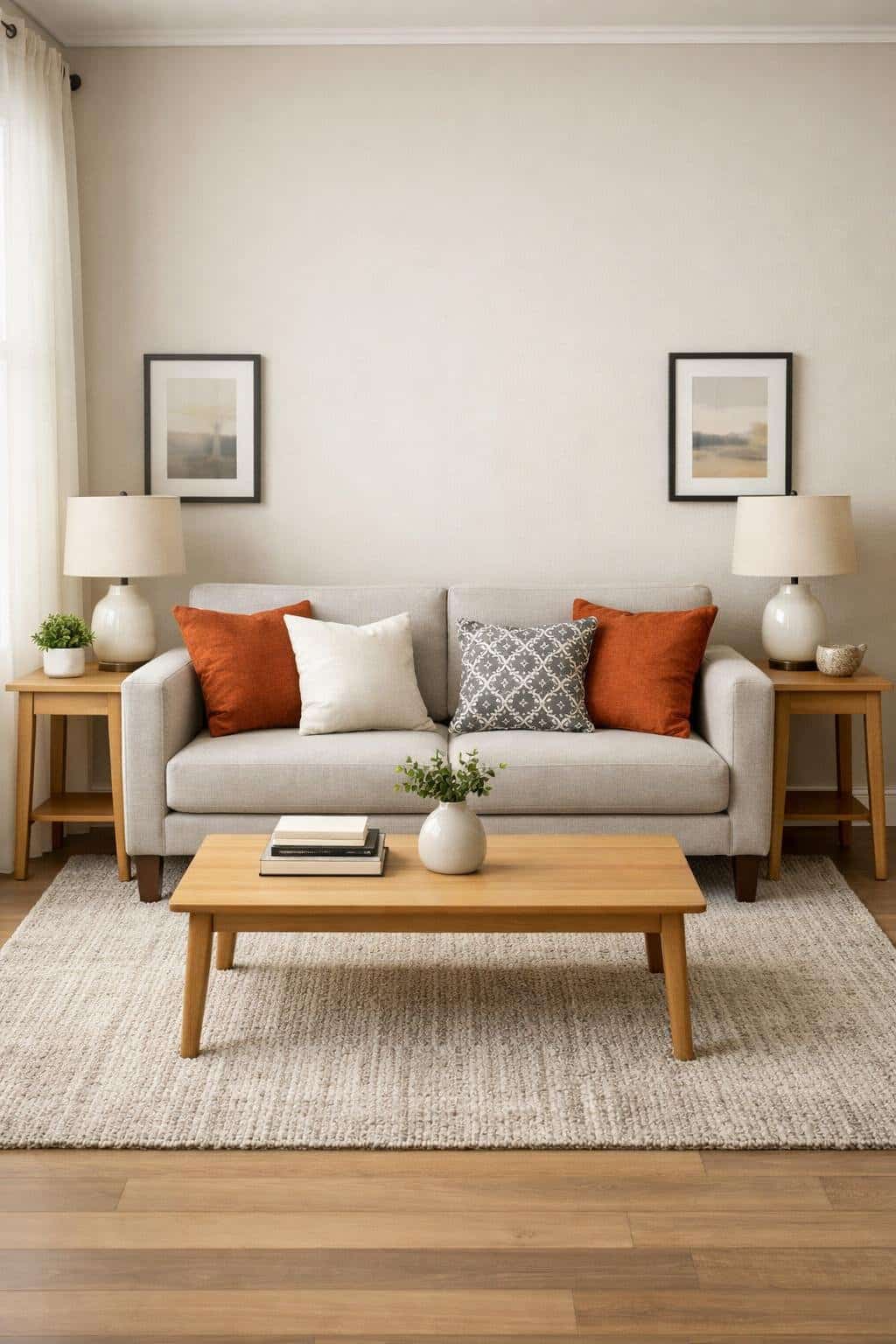 Small living room with a centrally placed sofa, side tables with lamps on each side, a coffee table in front, and natural light coming through a window.