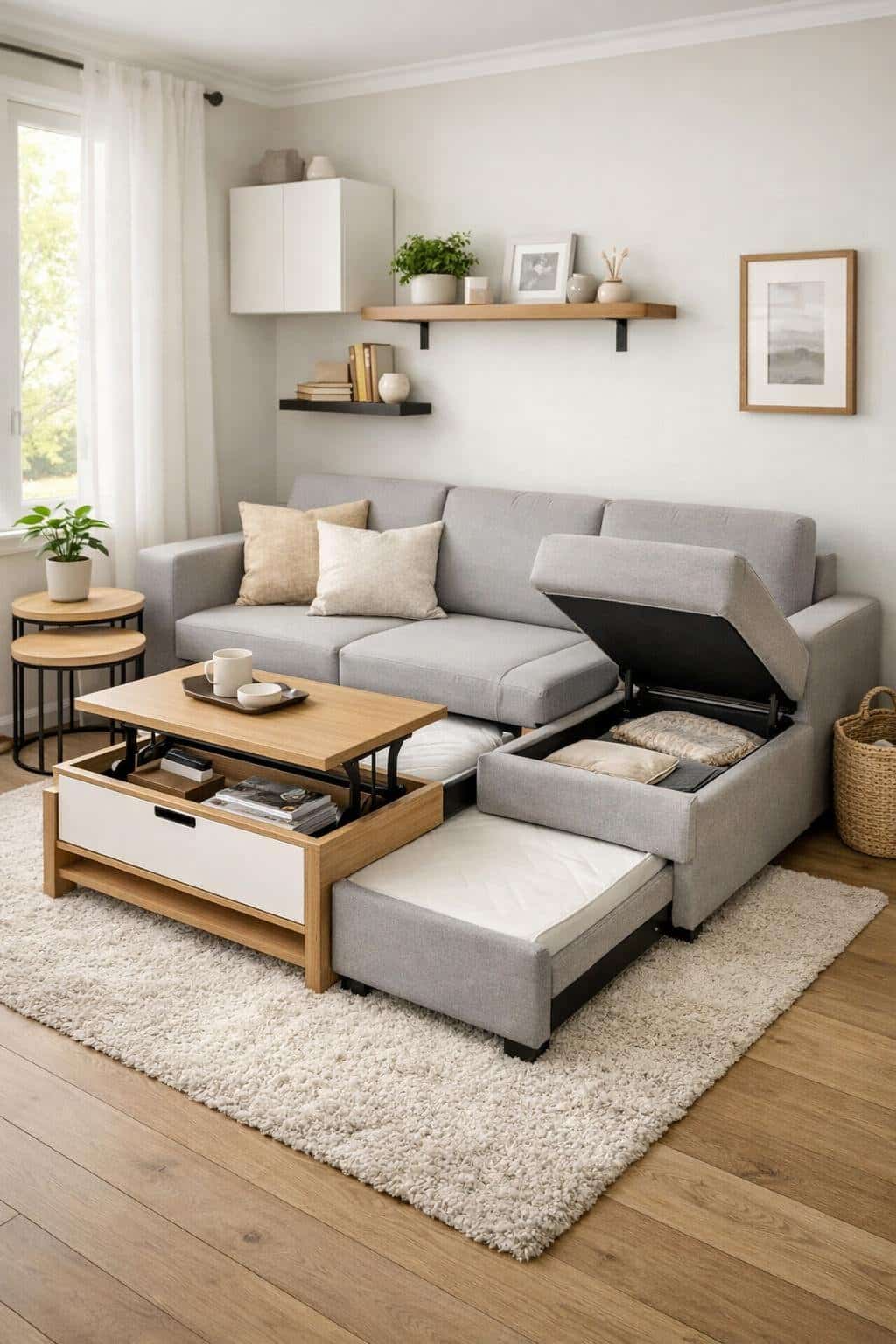 A small living room with a compact sofa arranged to maximize space, featuring storage and multifunctional furniture pieces.