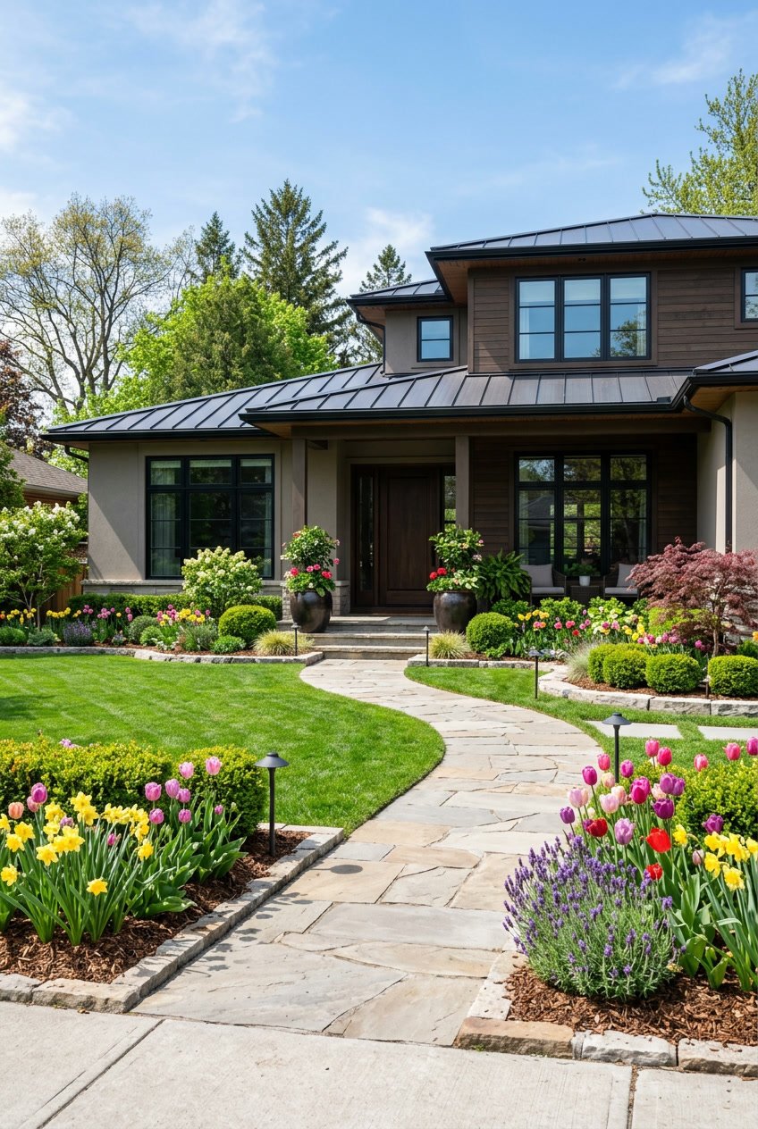 A front yard with a green lawn, colorful flower beds, stone pathway, shrubs, and a modern house in the background.