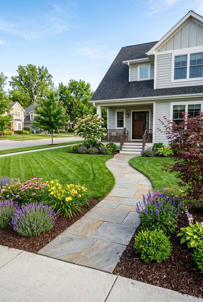 A front yard with a green lawn, colorful flowers, small trees, and a curved stone pathway leading to a porch.