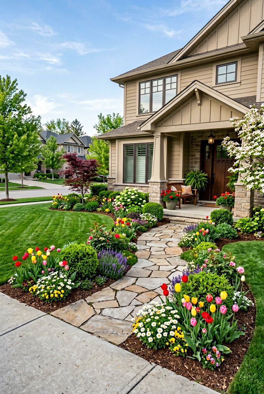 A front yard with green lawn, colorful flower beds, trimmed shrubs, a stone pathway, and a house with a front porch.
