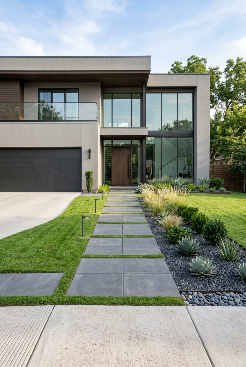 A front yard with trimmed grass, concrete pathways, small shrubs, and a modern house in the background.