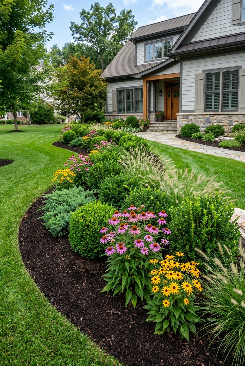 Curved mulch bed in a front yard with mixed evergreen shrubs and colorful seasonal flowers.