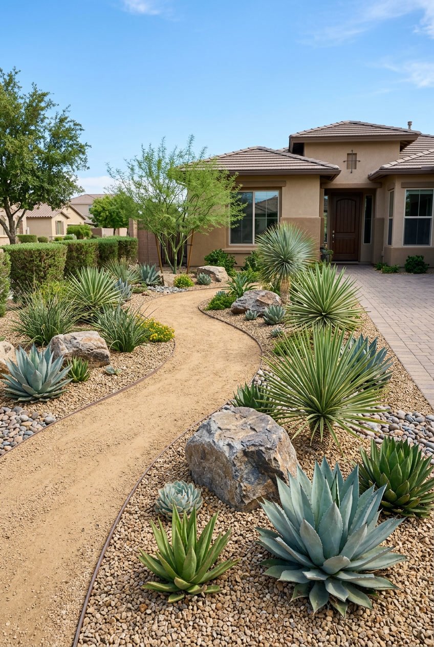 Front yard with a gravel path, native succulent plants, and large boulders arranged as focal points.