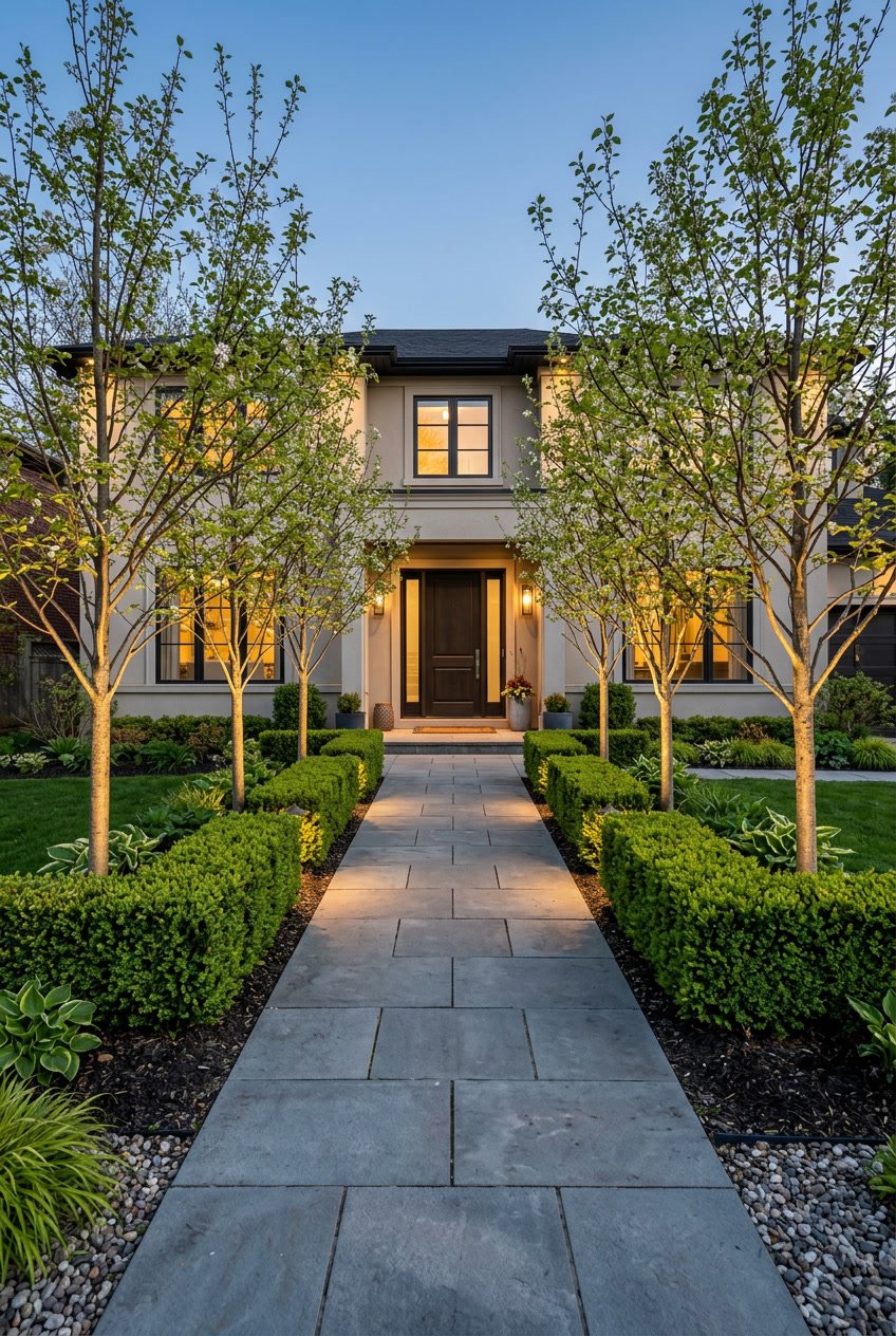 Symmetrical front yard entry with clipped boxwood hedges, ornamental Amelanchier trees, and soft LED uplighting along a paved pathway.