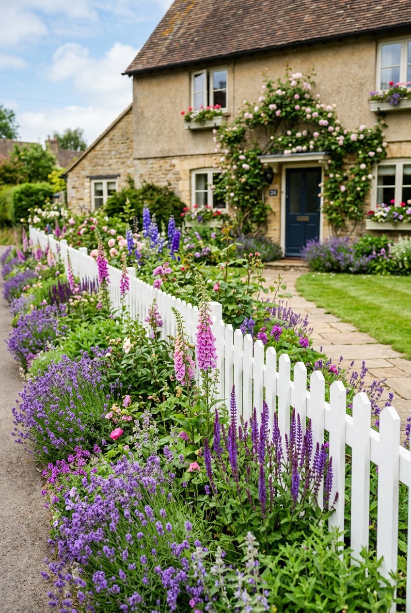 Front yard with a white picket fence and a garden filled with lavender, salvia, and foxglove flowers.