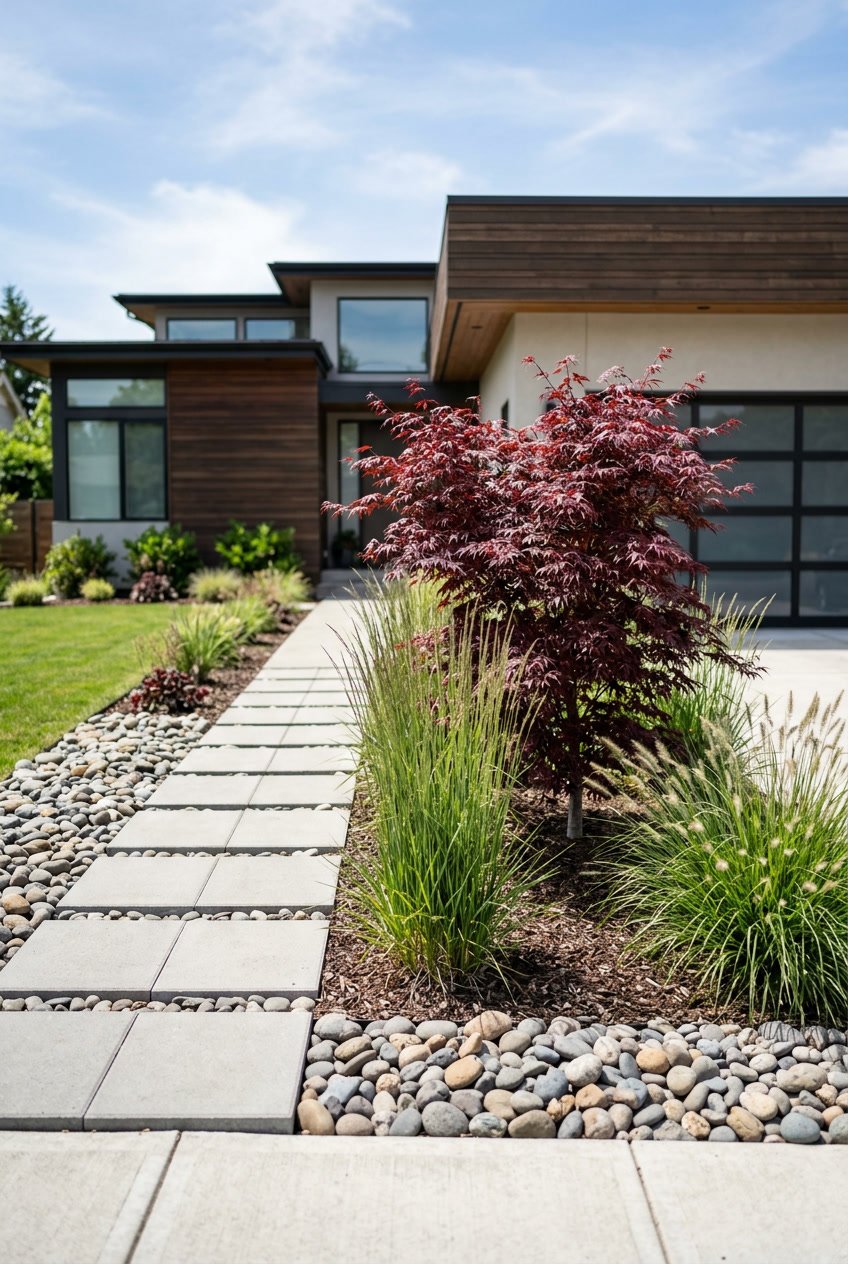 Front yard with ornamental grasses, a Japanese maple tree, concrete pavers, and river rocks arranged in a clean and simple layout.