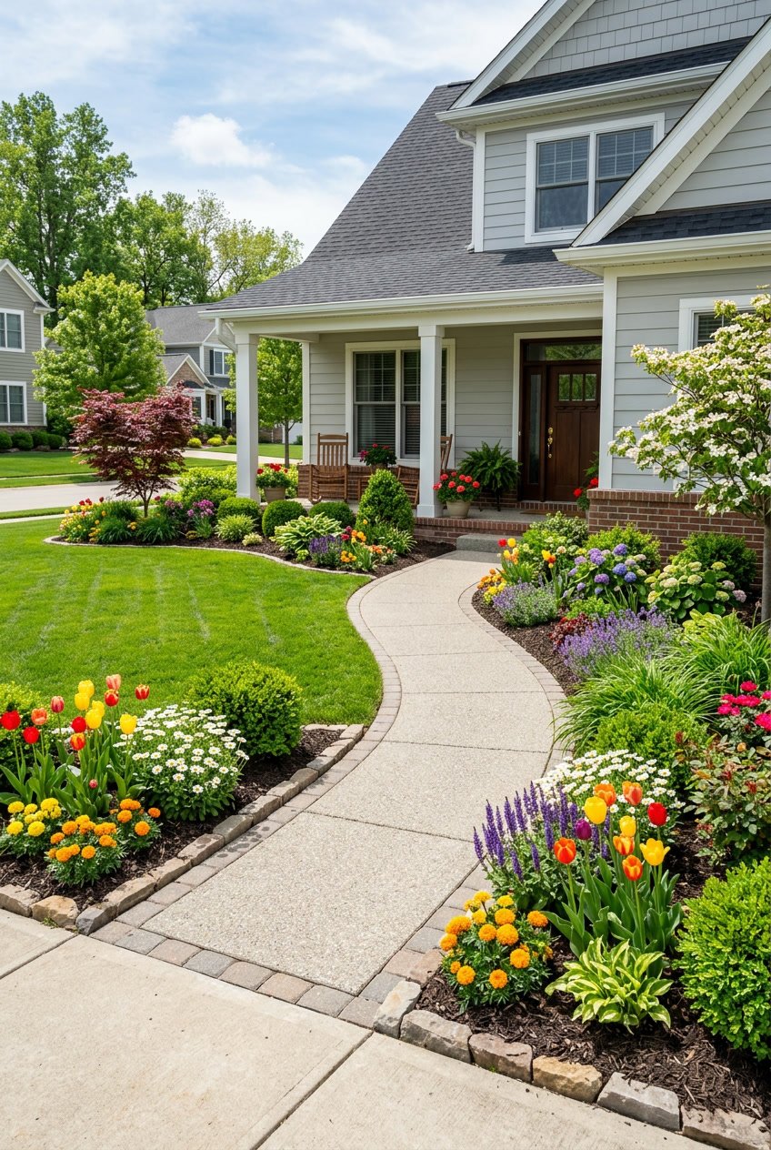 A front yard with a green lawn, colorful flower beds, trimmed shrubs, and a pathway leading to a house.
