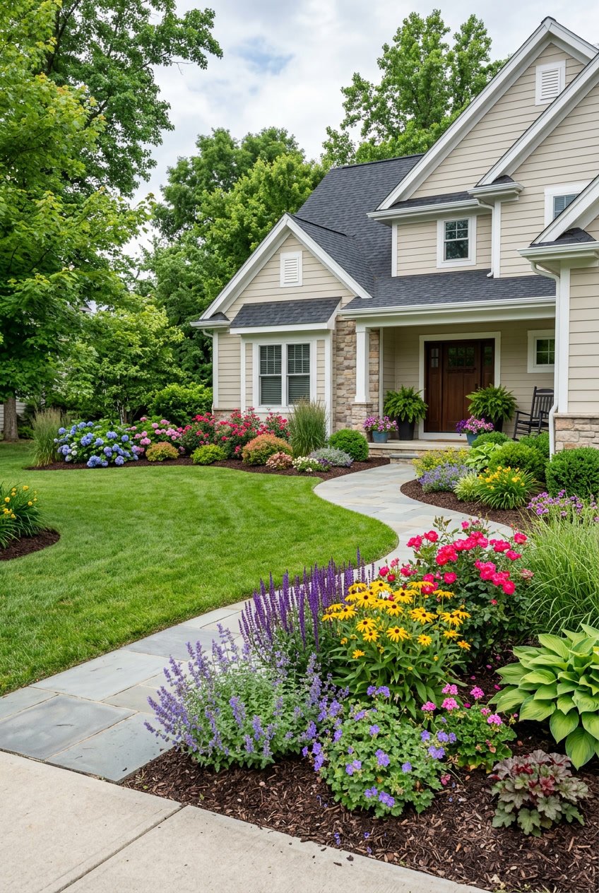 A front yard with a variety of healthy plants, colorful flowers, and a paved walkway leading to a house.