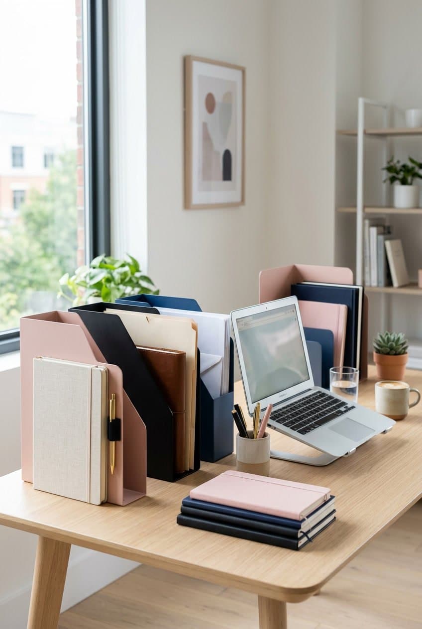 A clean workspace with colorful pink, black, and blue decorative dividers arranged on a desk alongside stationery and a laptop.