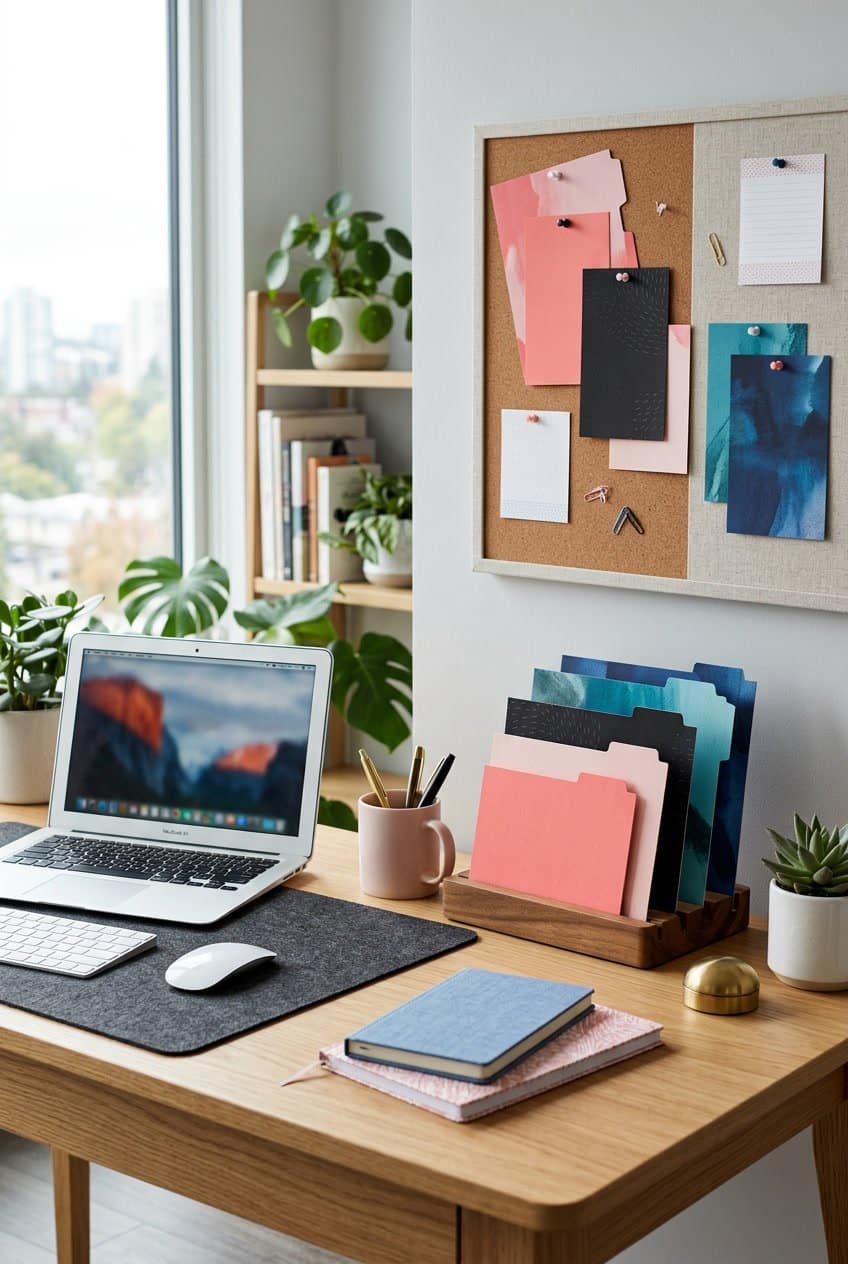 A modern workspace with colorful pink, black, and blue decorative dividers arranged on a desk and bulletin board, surrounded by office supplies.