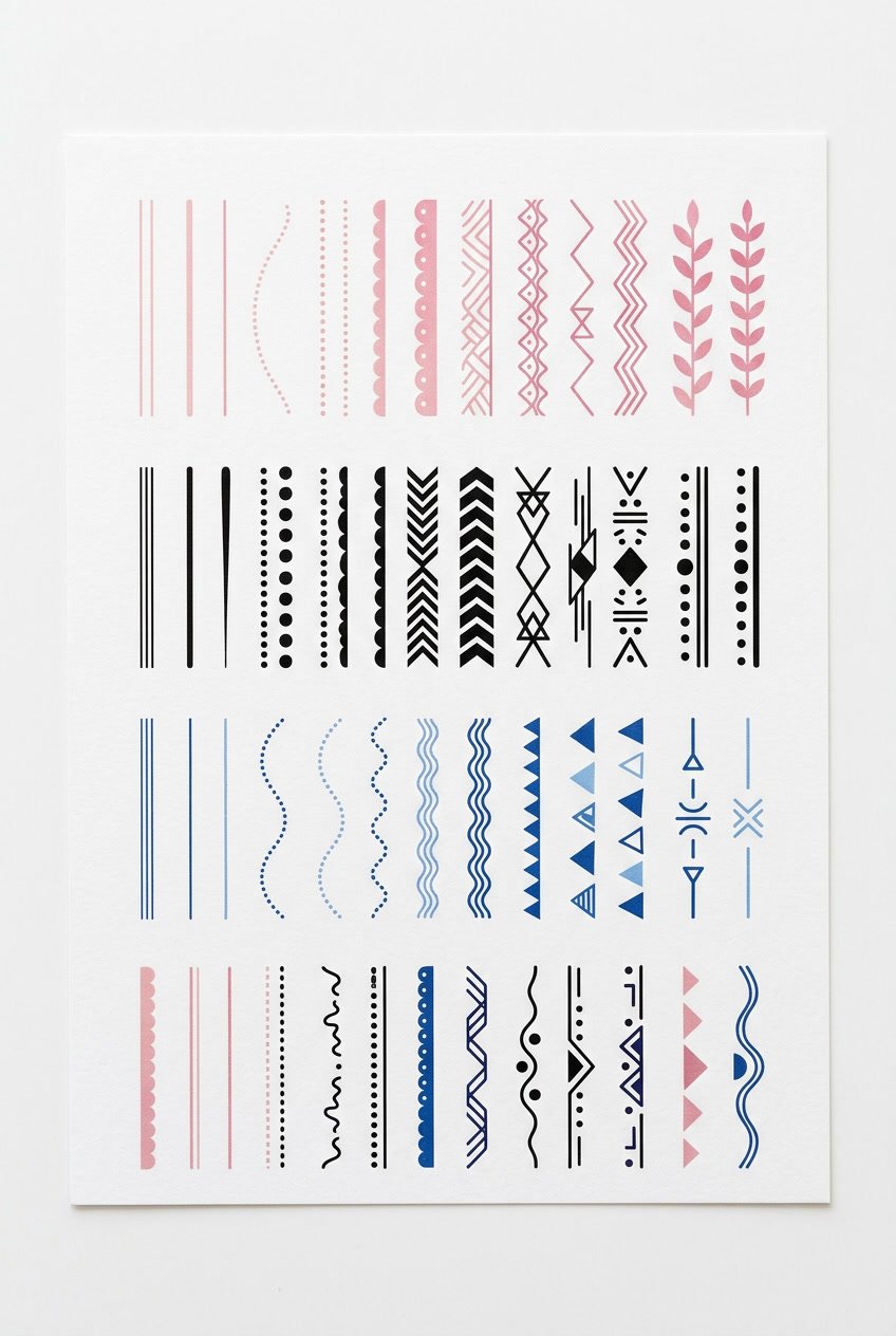 An arrangement of pink, black, and blue decorative dividers displayed horizontally on a white background.