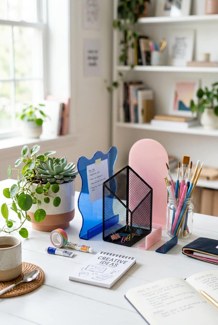A desk with colorful decorative dividers in pink, black, and blue arranged alongside stationery and plants.