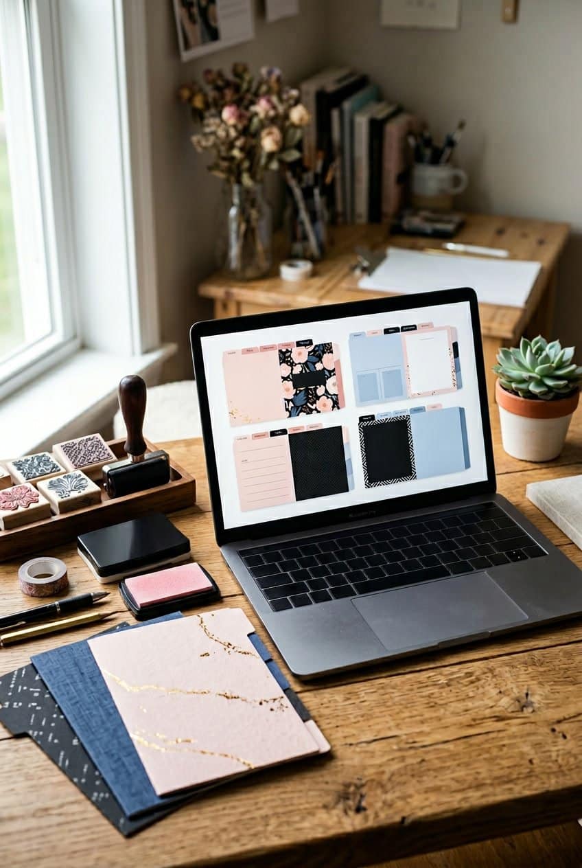 A workspace with a laptop showing colorful dividers and various decorative stamps and paper dividers on a wooden desk.