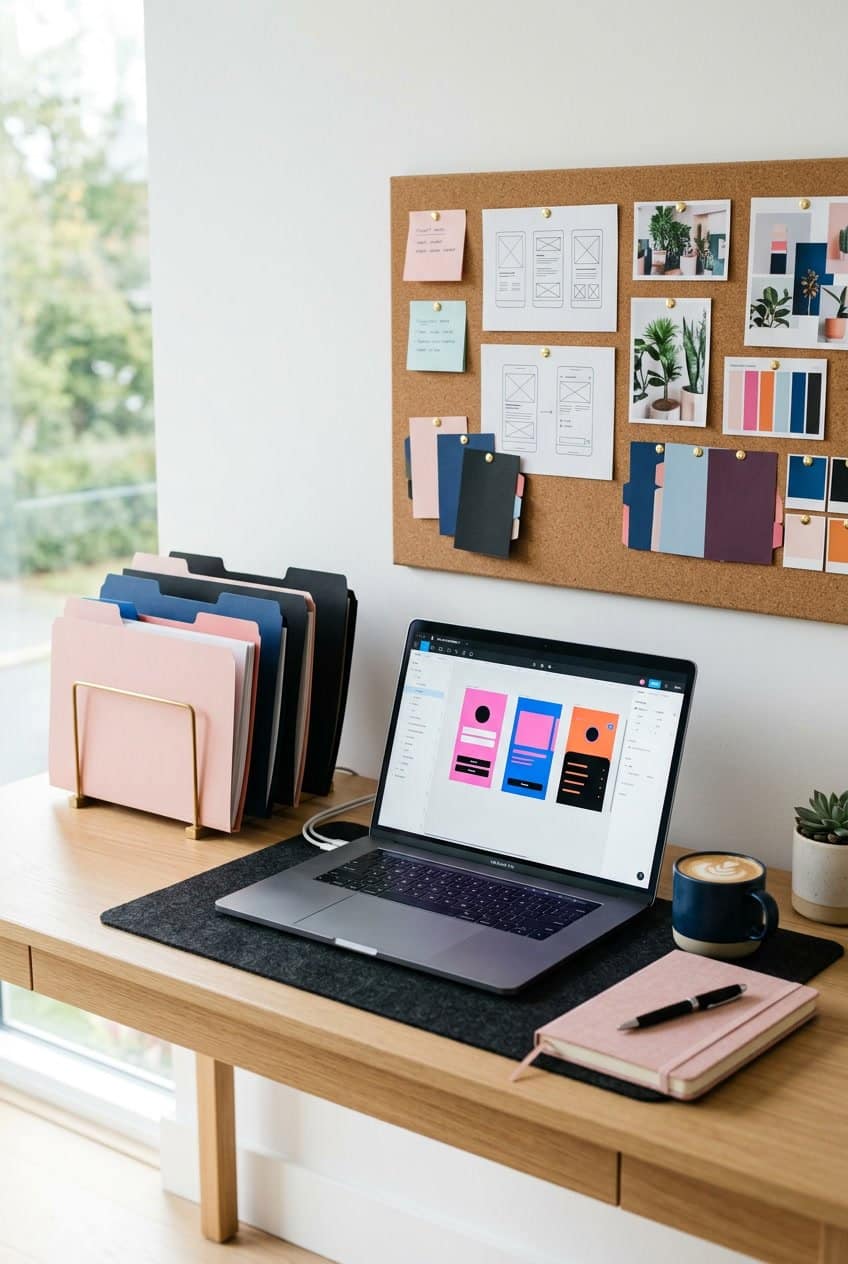 A modern workspace with a laptop and colorful pink, black, and blue decorative dividers arranged on a desk and corkboard.