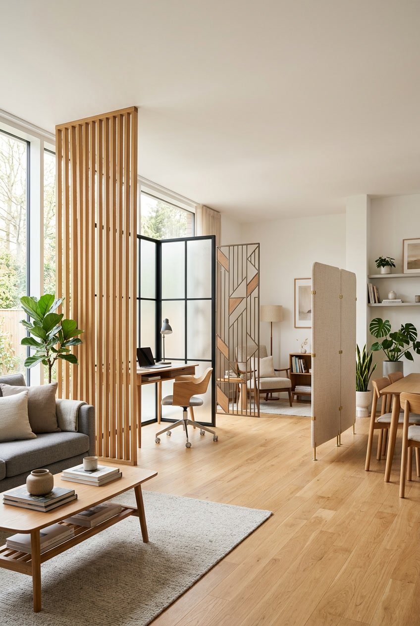 A bright interior with several different room dividers separating living spaces, including wooden slats, frosted glass panels, and fabric screens.