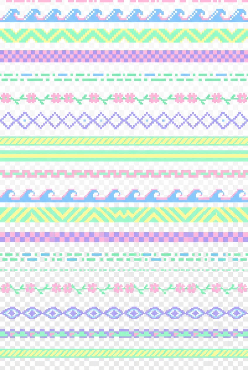 A seamless pattern of pastel-colored pixel art dividers arranged horizontally on a transparent background.