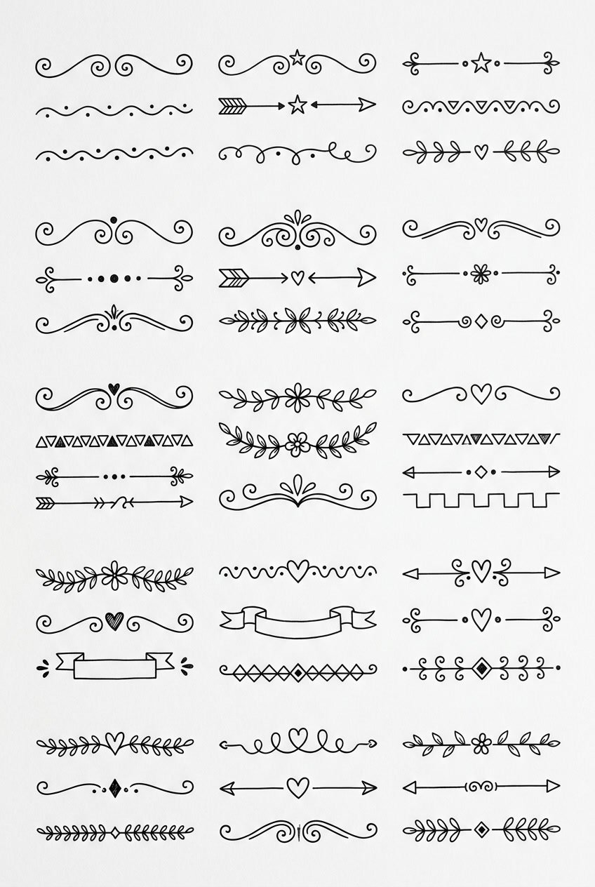A collection of black and white hand-drawn doodle divider designs arranged on a white background.
