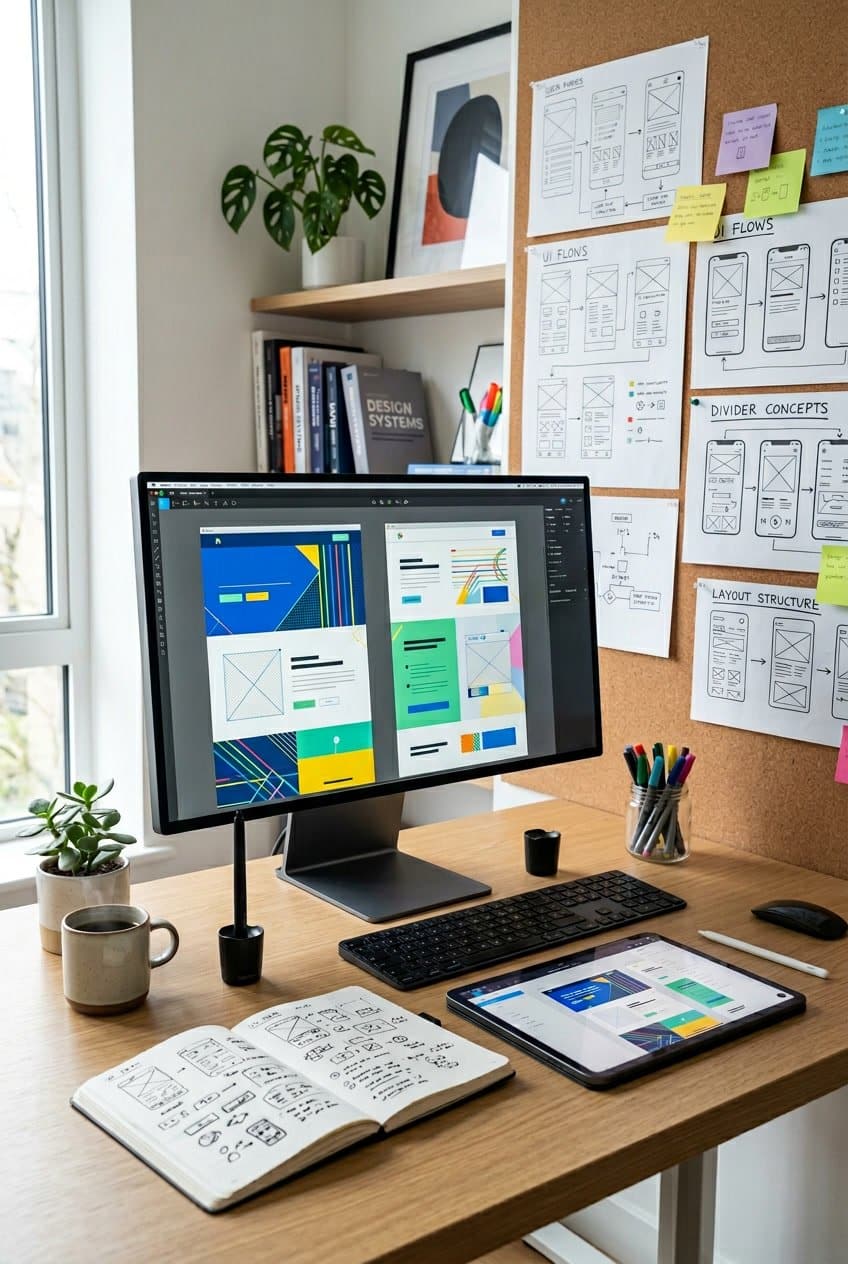 A modern workspace with a computer monitor displaying colorful digital design elements and design tools on a desk.