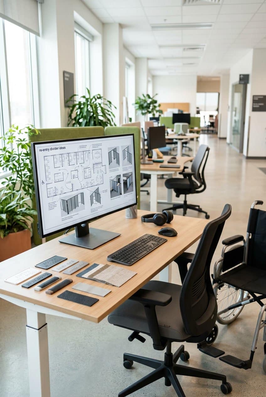 Workspace showing a computer with digital layouts of room dividers and accessibility tools like braille samples and ergonomic furniture.