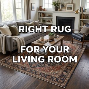 Living room with a properly sized area rug showing correct rug size placement under furniture