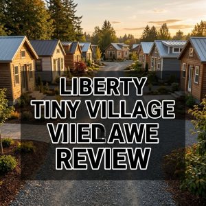 Liberty Tiny Village review showing rows of small modern tiny homes with pricing and lot rent details
