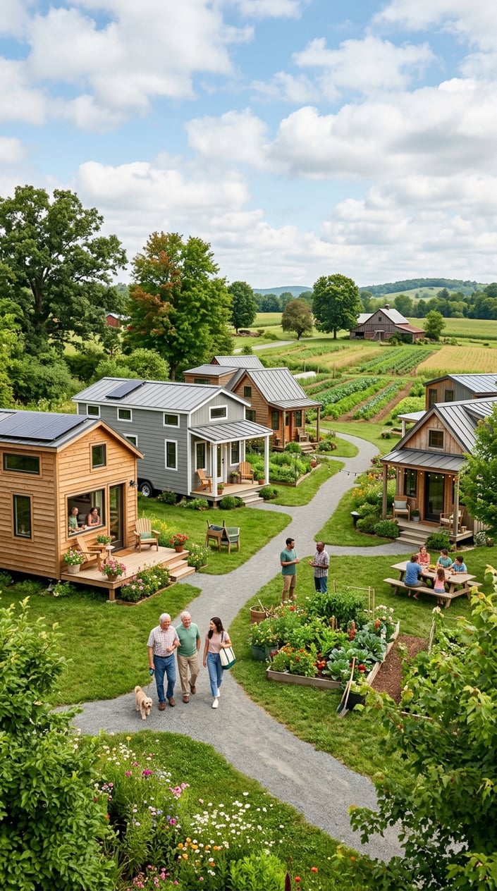 A peaceful tiny home community with modern small houses, green lawns, trees, and people walking along pathways in a rural farm setting.