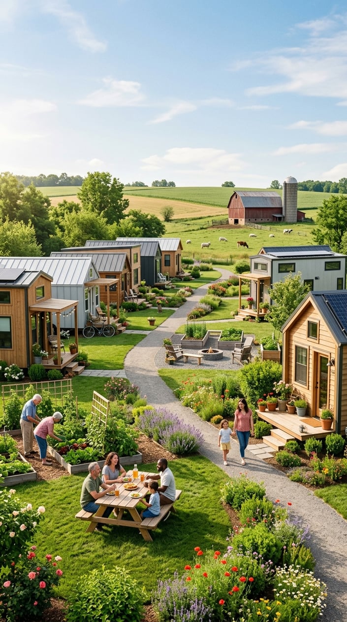 A peaceful tiny home community on a village farm with modern small houses, green lawns, people enjoying outdoor spaces, and farm buildings in the background.
